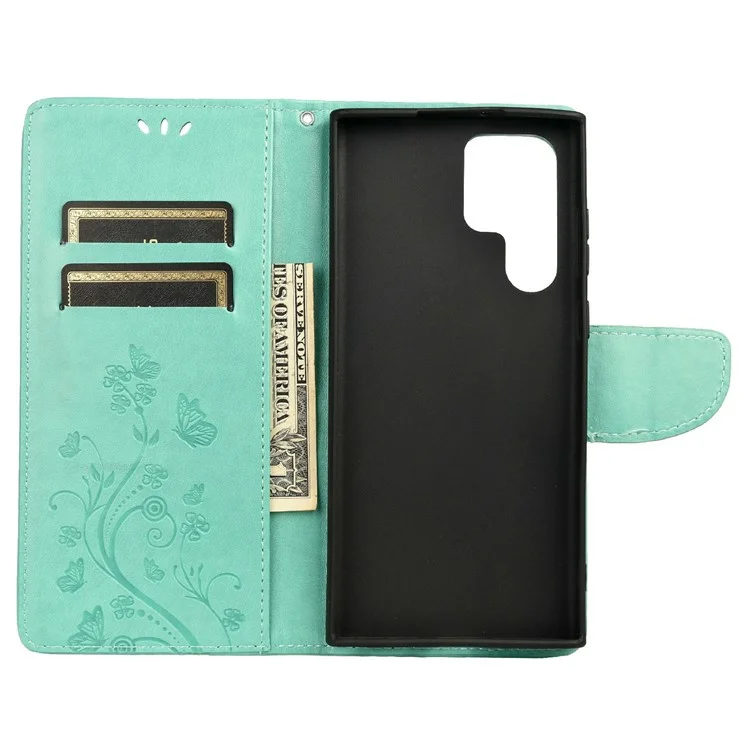 Imprinting Butterflies Flowers Stand Wallet Leather Cover TPU Phone Case for Samsung Galaxy S22 Ultra 5G - Green