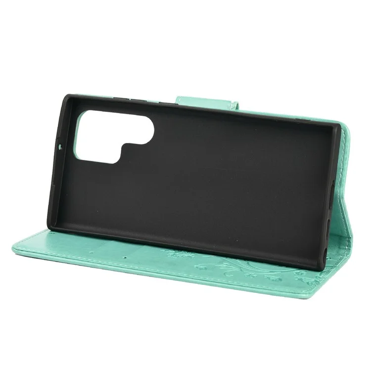 Imprinting Butterflies Flowers Stand Wallet Leather Cover TPU Phone Case for Samsung Galaxy S22 Ultra 5G - Green