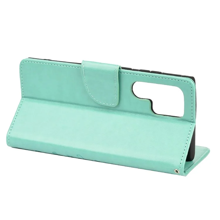 Imprinting Butterflies Flowers Stand Wallet Leather Cover TPU Phone Case for Samsung Galaxy S22 Ultra 5G - Green