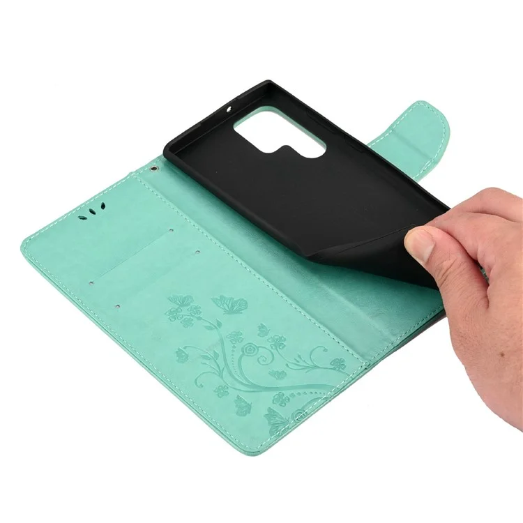 Imprinting Butterflies Flowers Stand Wallet Leather Cover TPU Phone Case for Samsung Galaxy S22 Ultra 5G - Green