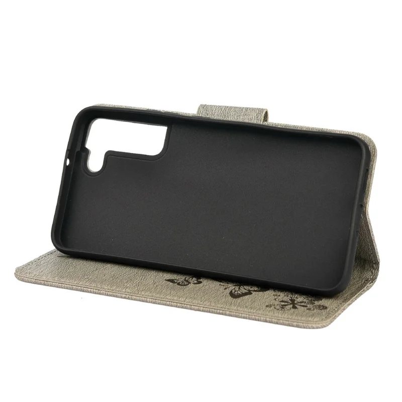 Portfelowa obudowa ze skóry z nadrukiem motyla i kwiatów dla Samsung Galaxy S22+ 5G - Szara