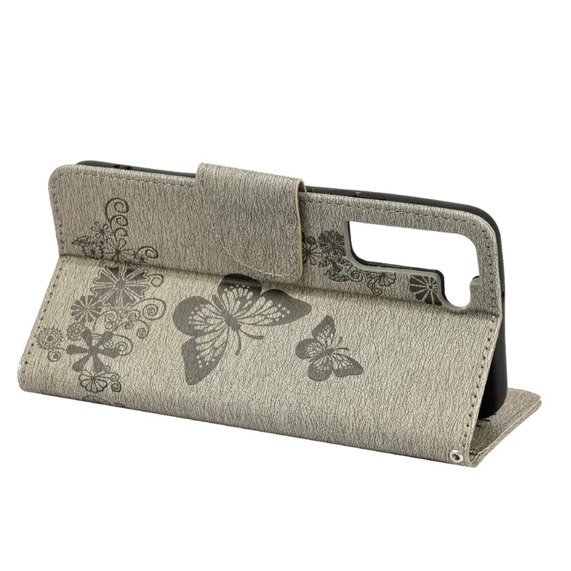 Portfelowa obudowa ze skóry z nadrukiem motyla i kwiatów dla Samsung Galaxy S22+ 5G - Szara