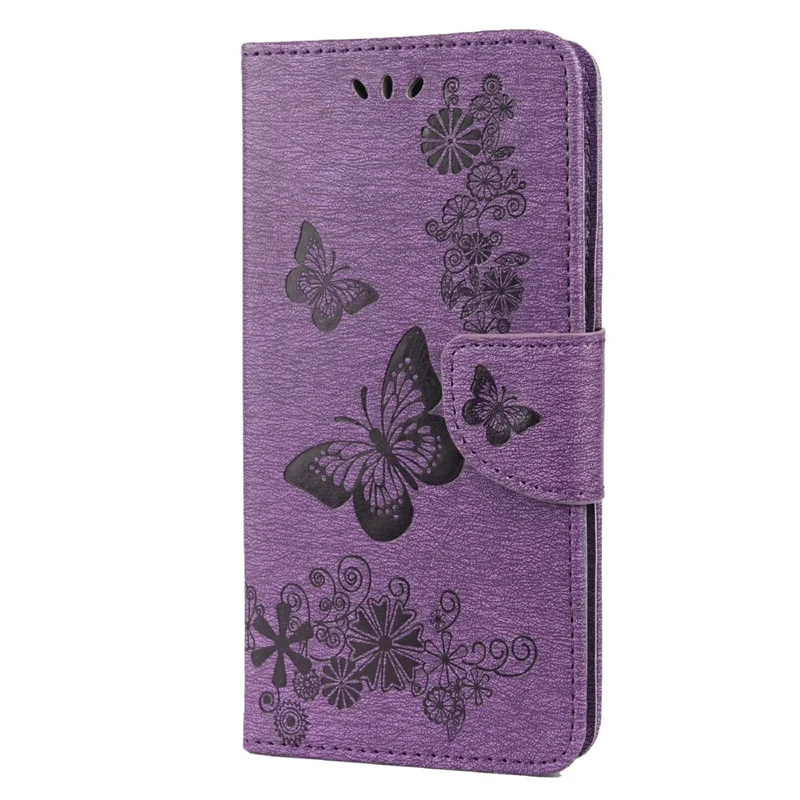 Wallet Stand Leather Cover Case with Imprinting Butterfly Flower for Samsung Galaxy S22+ 5G - Purple