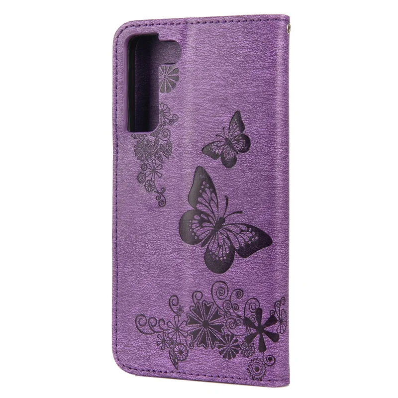 Wallet Stand Leather Cover Case with Imprinting Butterfly Flower for Samsung Galaxy S22+ 5G - Purple