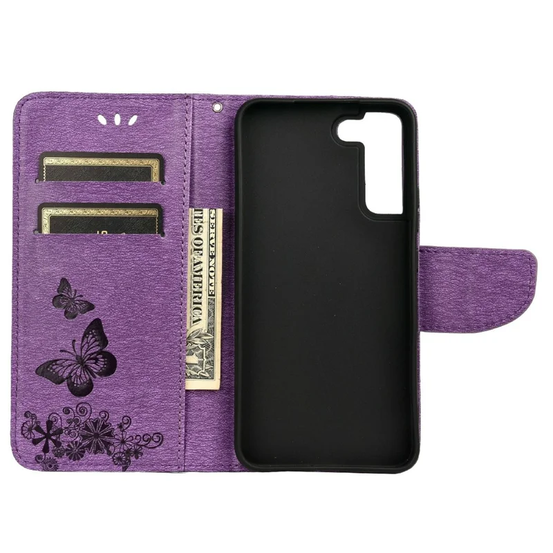 Wallet Stand Leather Cover Case with Imprinting Butterfly Flower for Samsung Galaxy S22+ 5G - Purple