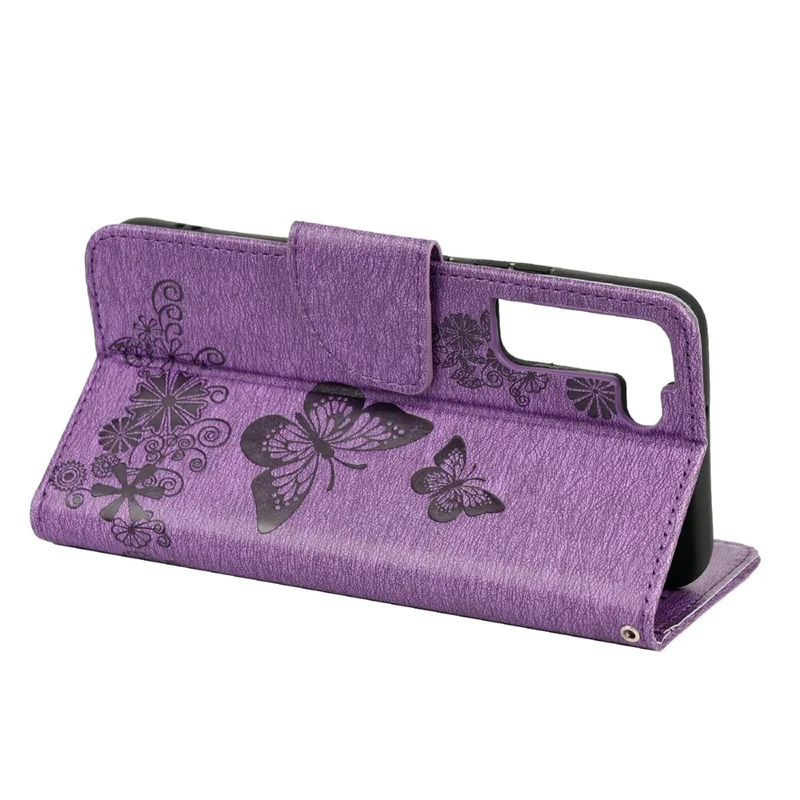 Wallet Stand Leather Cover Case with Imprinting Butterfly Flower for Samsung Galaxy S22+ 5G - Purple