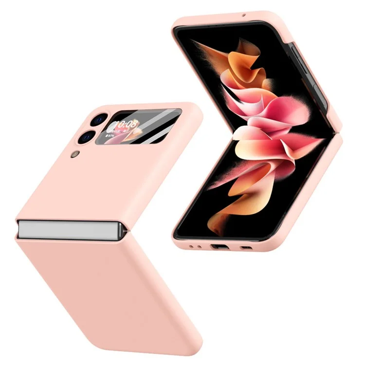 Coque de téléphone en PC rigide enduit de cuir PU anti-gouttes avec protecteur d'écran en verre trempé pour Samsung Galaxy Z Flip3 5G - Rose