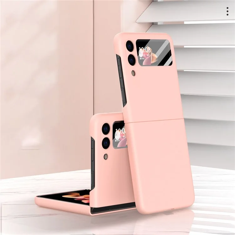 Coque de téléphone en PC rigide enduit de cuir PU anti-gouttes avec protecteur d'écran en verre trempé pour Samsung Galaxy Z Flip3 5G - Rose