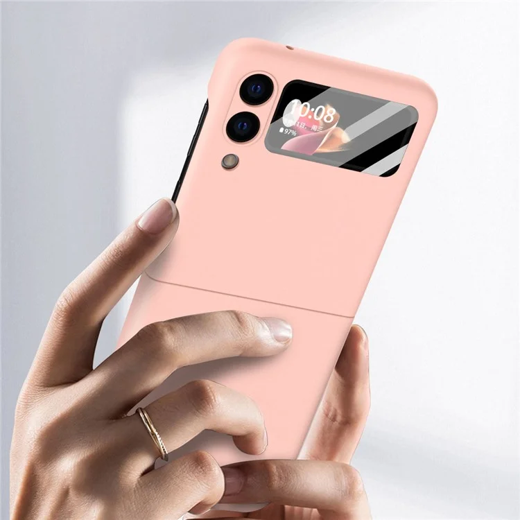 Coque de téléphone en PC rigide enduit de cuir PU anti-gouttes avec protecteur d'écran en verre trempé pour Samsung Galaxy Z Flip3 5G - Rose