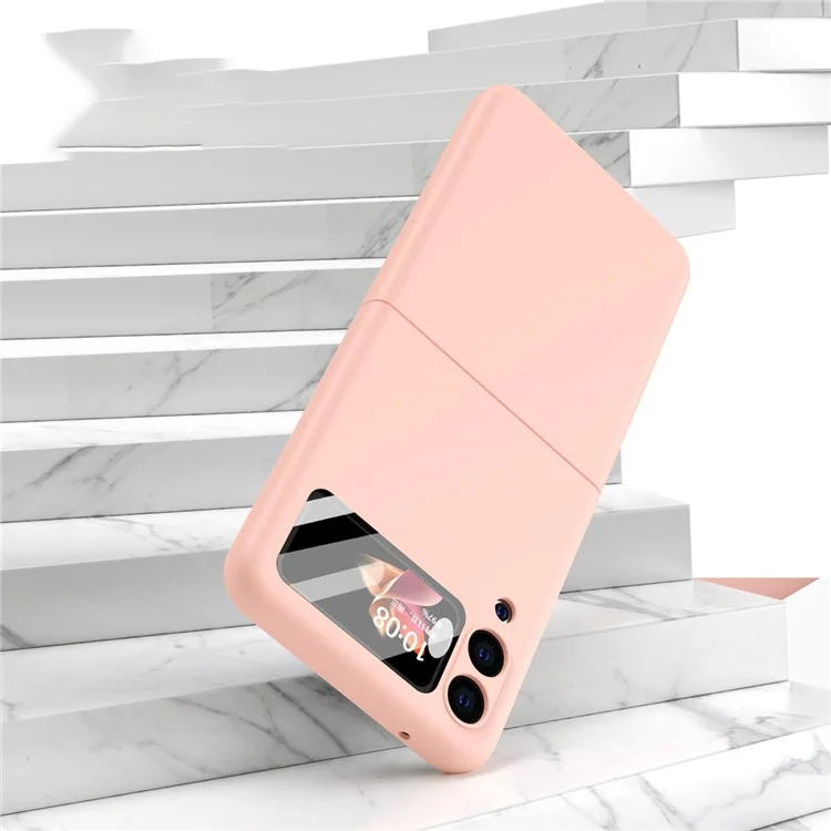 Coque de téléphone en PC rigide enduit de cuir PU anti-gouttes avec protecteur d'écran en verre trempé pour Samsung Galaxy Z Flip3 5G - Rose