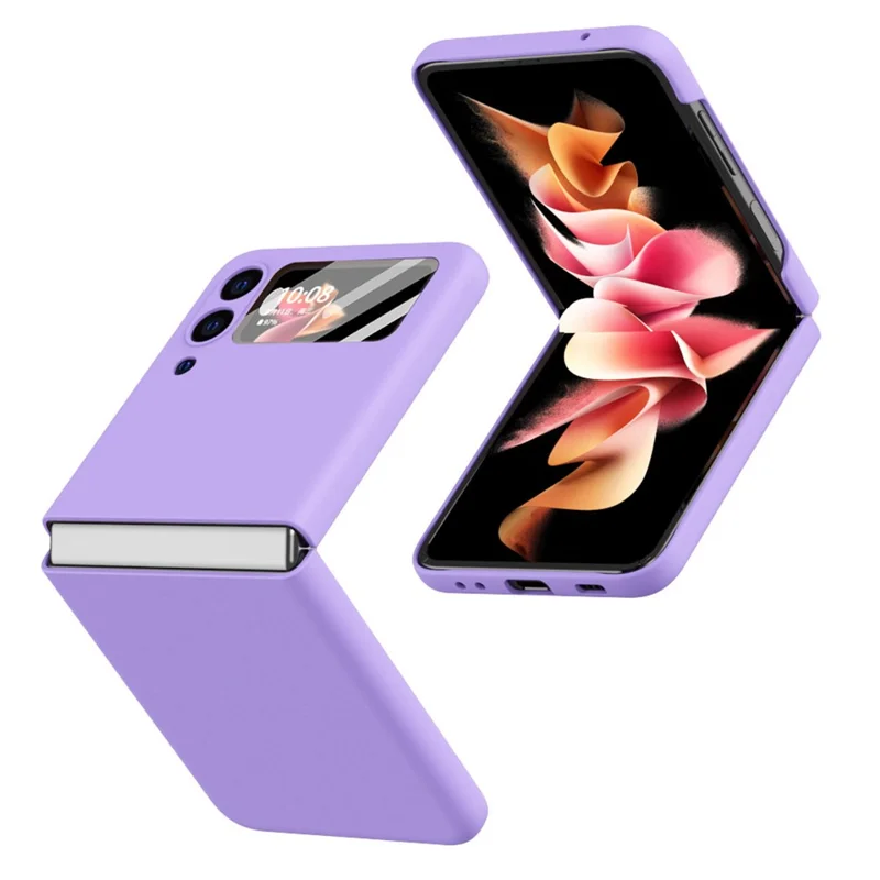 Anti-Drop PU Leather Coated Hard PC Back Phone Case with Tempered Glass Screen Protector for Samsung Galaxy Z Flip3 5G - Purple