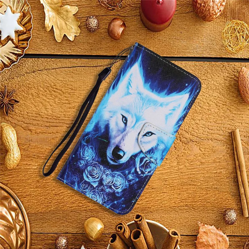 Full Protection Pattern Printing Leather Stand Wallet Case Phone Cover Protector with Wrist Strap for Samsung Galaxy S22 Ultra 5G - Rose and Wolf