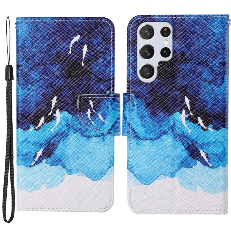 Full Body Protection Cross Texture Pattern Printing PU Leather Phone Case Shell with Stand Wallet for Samsung Galaxy S22 Ultra 5G - Watercolor Fish