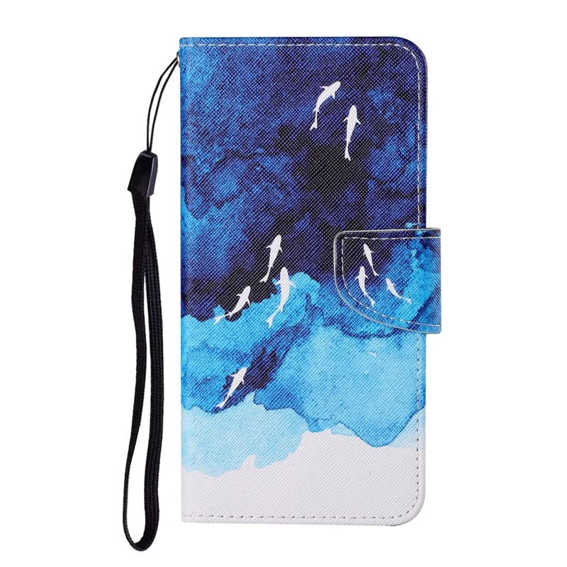 Full Body Protection Cross Texture Pattern Printing PU Leather Phone Case Shell with Stand Wallet for Samsung Galaxy S22 Ultra 5G - Watercolor Fish