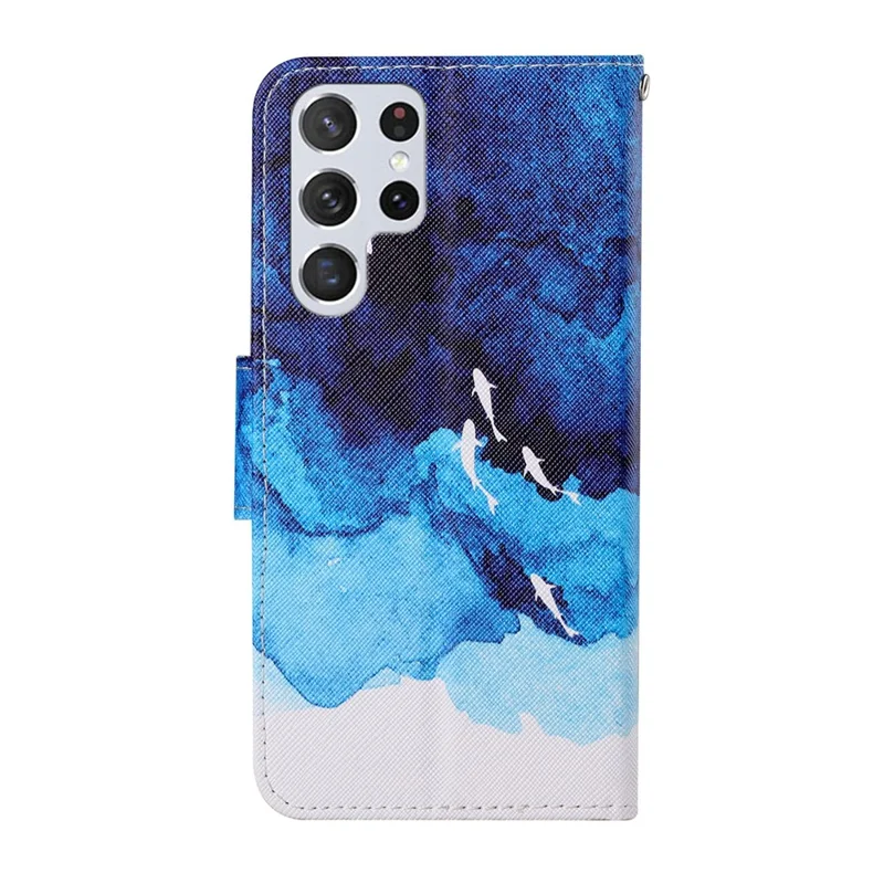 Full Body Protection Cross Texture Pattern Printing PU Leather Phone Case Shell with Stand Wallet for Samsung Galaxy S22 Ultra 5G - Watercolor Fish