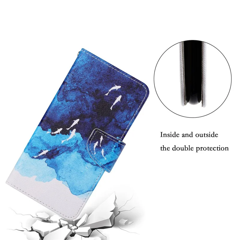 Full Body Protection Cross Texture Pattern Printing PU Leather Phone Case Shell with Stand Wallet for Samsung Galaxy S22 Ultra 5G - Watercolor Fish