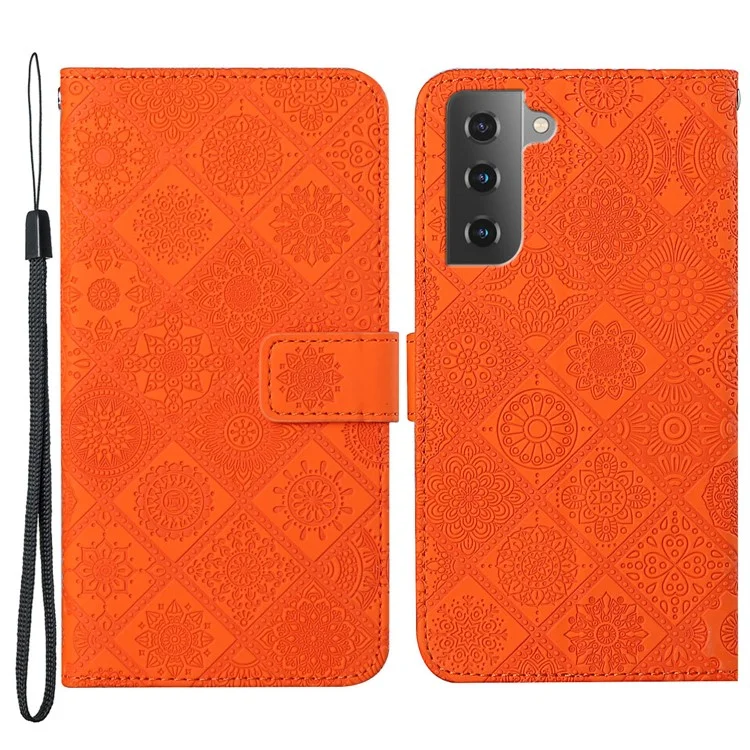 Prägen Blumenmuster Ethnischer Stil PU Leder Telefonabdeckung Mit Brieftasche Für Samsung Galaxy S22+ 5g - Orange