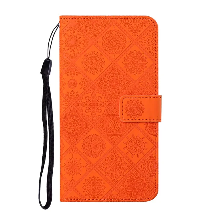 Prägen Blumenmuster Ethnischer Stil PU Leder Telefonabdeckung Mit Brieftasche Für Samsung Galaxy S22+ 5g - Orange