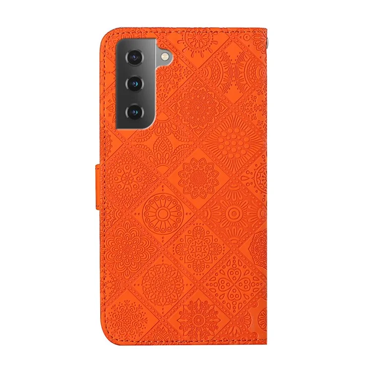 Prägen Blumenmuster Ethnischer Stil PU Leder Telefonabdeckung Mit Brieftasche Für Samsung Galaxy S22+ 5g - Orange