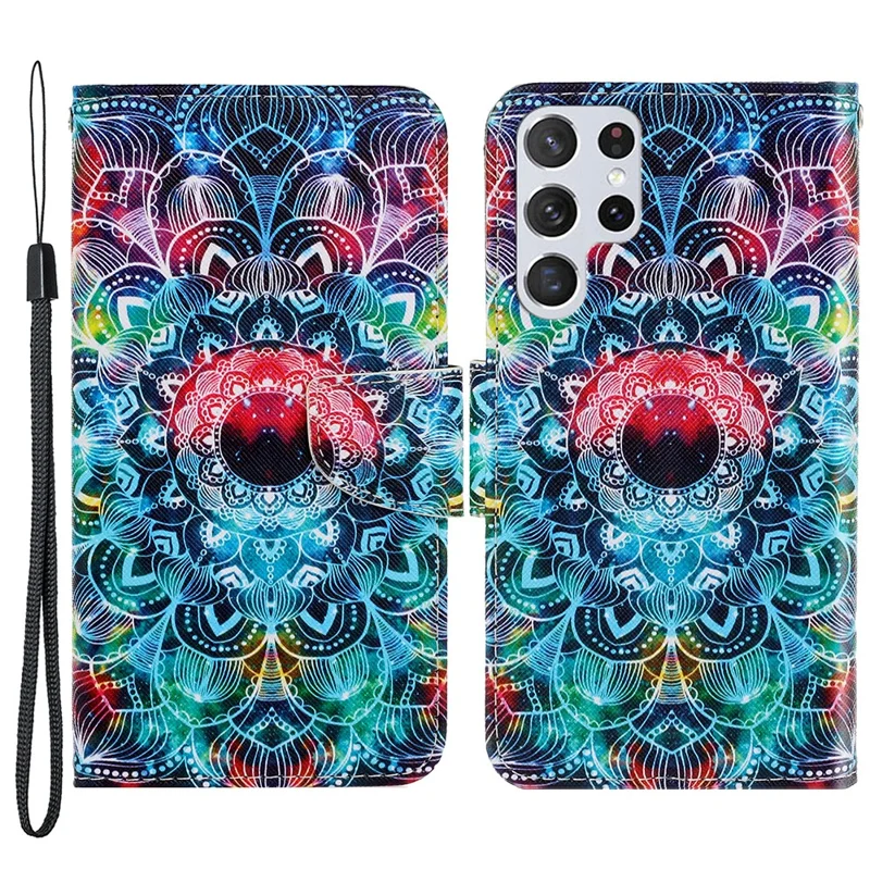 Pattern Printing Cross Texture Phone Case Stand Wallet Leather Cover with Lanyard for Samsung Galaxy S22 Ultra 5G - Mandala Flower