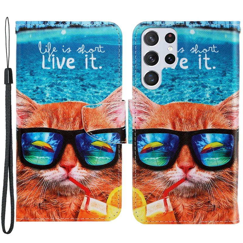 Pattern Printing Cross Texture Phone Case Stand Wallet Leather Cover with Lanyard for Samsung Galaxy S22 Ultra 5G - Cat