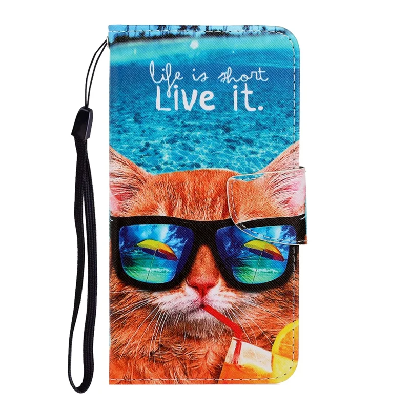 Pattern Printing Cross Texture Phone Case Stand Wallet Leather Cover with Lanyard for Samsung Galaxy S22 Ultra 5G - Cat