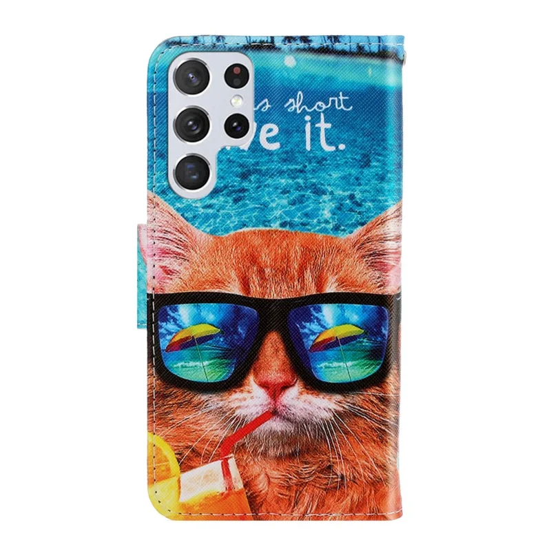 Pattern Printing Cross Texture Phone Case Stand Wallet Leather Cover with Lanyard for Samsung Galaxy S22 Ultra 5G - Cat