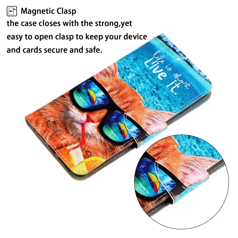 Pattern Printing Cross Texture Phone Case Stand Wallet Leather Cover with Lanyard for Samsung Galaxy S22 Ultra 5G - Cat