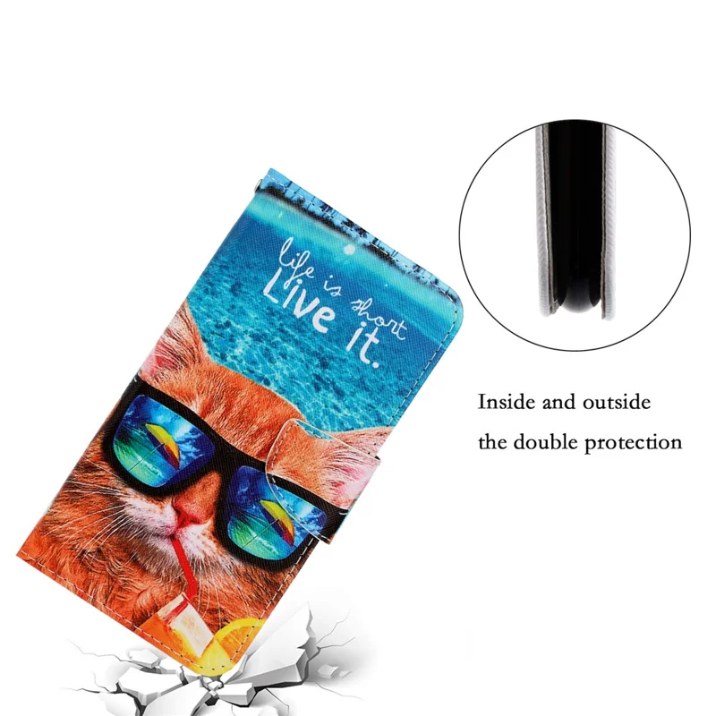 Pattern Printing Cross Texture Phone Case Stand Wallet Leather Cover with Lanyard for Samsung Galaxy S22 Ultra 5G - Cat