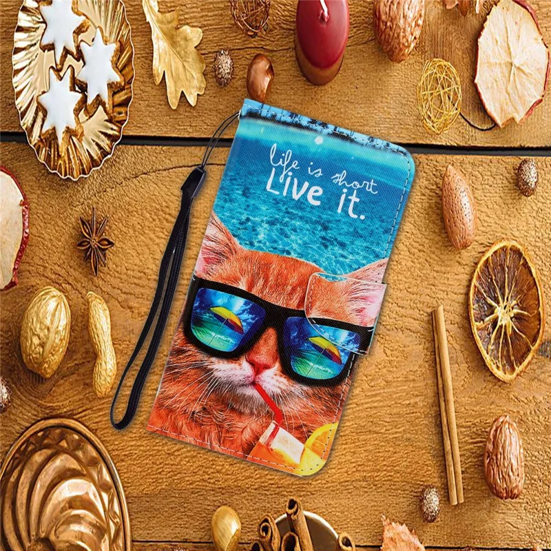 Pattern Printing Cross Texture Phone Case Stand Wallet Leather Cover with Lanyard for Samsung Galaxy S22 Ultra 5G - Cat