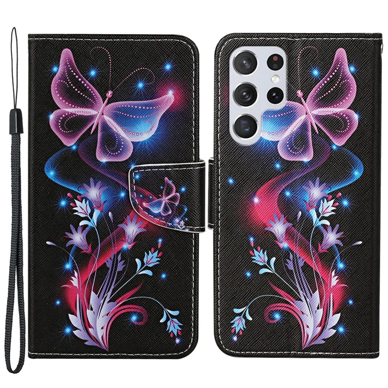 Pattern Printing Stand Wallet Design All-inclusive Protection PU Leather Phone Cover Shell for Samsung Galaxy S22 Ultra 5G - Shimmering Butterfly