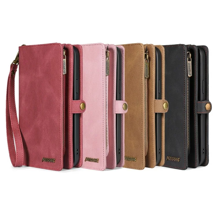 MEGSHI 017 Series Handy Strap Drop-proof Magnetic Absorption Multi-function Zippered Wallet Detachable Leather Cover for Samsung Galaxy S21 FE 5G/S21 Fan Edition - Preto