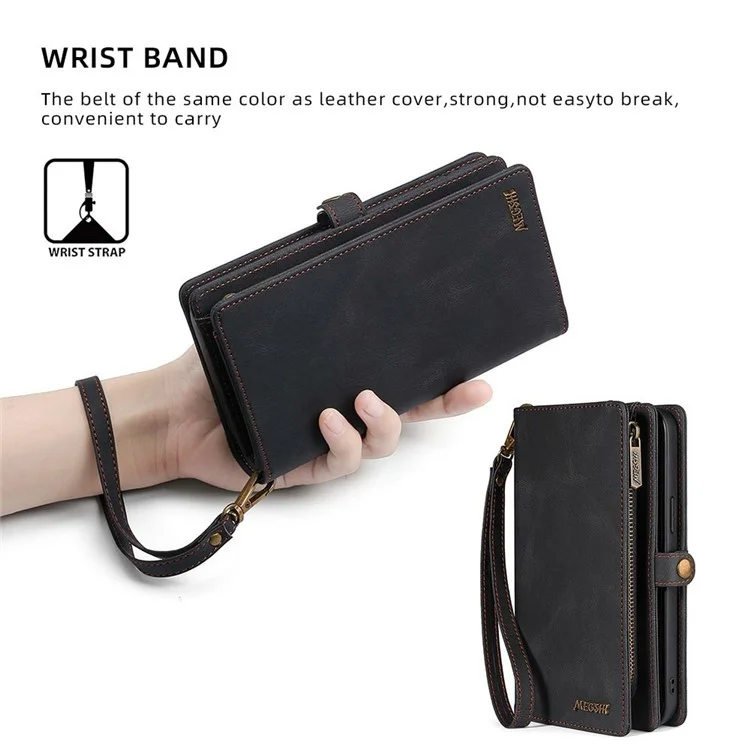 MEGSHI 017 Series Handy Strap Drop-proof Magnetic Absorption Multi-function Zippered Wallet Detachable Leather Cover for Samsung Galaxy S21 FE 5G/S21 Fan Edition - Preto
