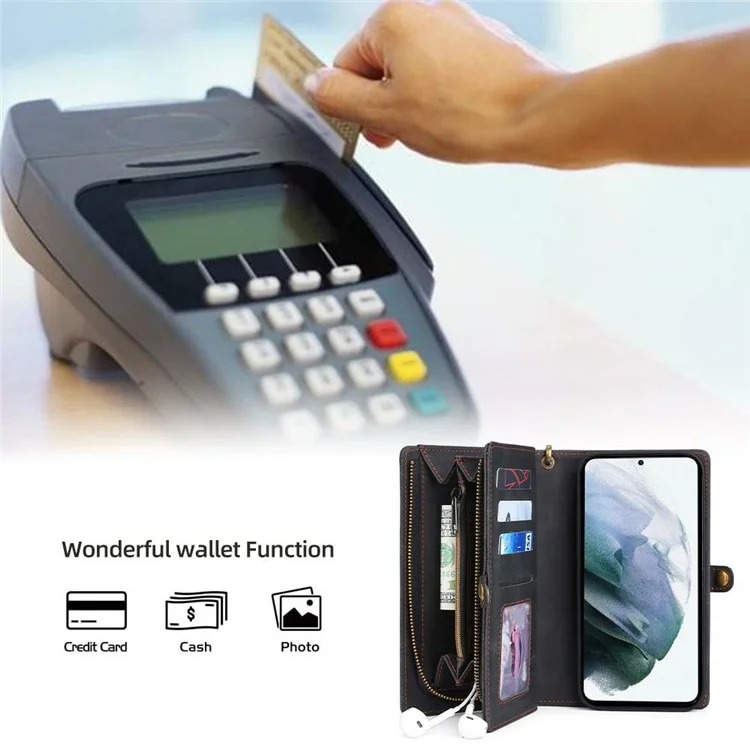 MEGSHI 017 Series Handy Strap Drop-proof Magnetic Absorption Multi-function Zippered Wallet Detachable Leather Cover for Samsung Galaxy S21 FE 5G/S21 Fan Edition - Preto