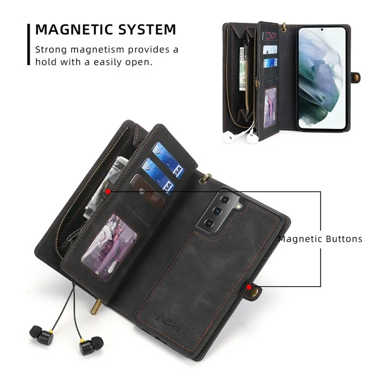 MEGSHI 017 Series Handy Strap Drop-proof Magnetic Absorption Multi-function Zippered Wallet Detachable Leather Cover for Samsung Galaxy S21 FE 5G/S21 Fan Edition - Preto