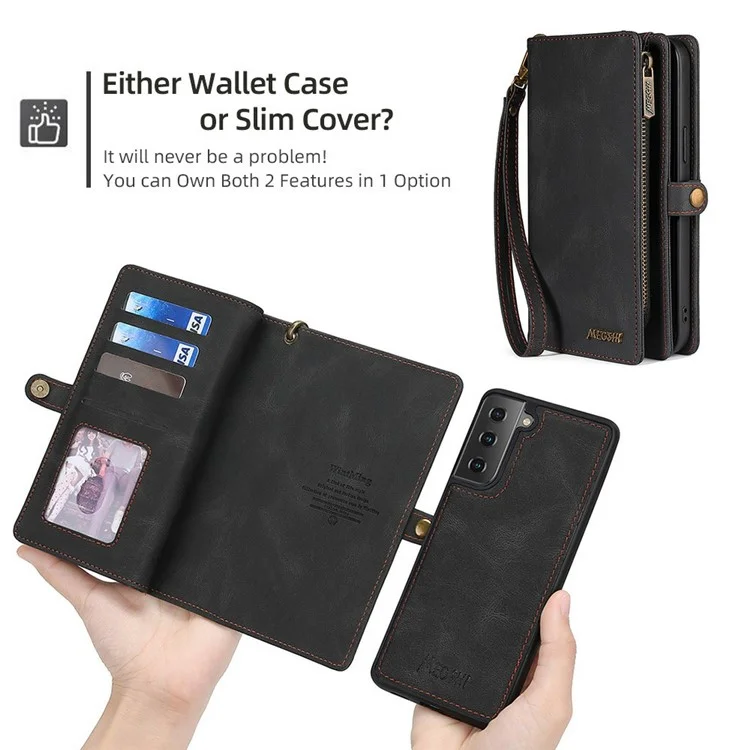 MEGSHI 017 Series Handy Strap Drop-proof Magnetic Absorption Multi-function Zippered Wallet Detachable Leather Cover for Samsung Galaxy S21 FE 5G/S21 Fan Edition - Preto