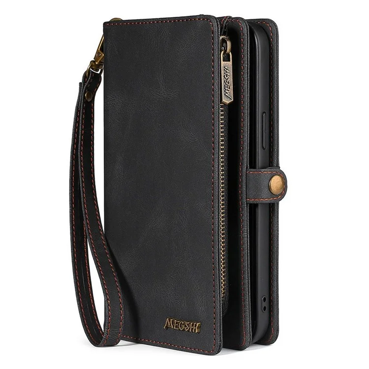 MEGSHI 017 Series Handy Strap Drop-proof Magnetic Absorption Multi-function Zippered Wallet Detachable Leather Cover for Samsung Galaxy S21 FE 5G/S21 Fan Edition - Preto
