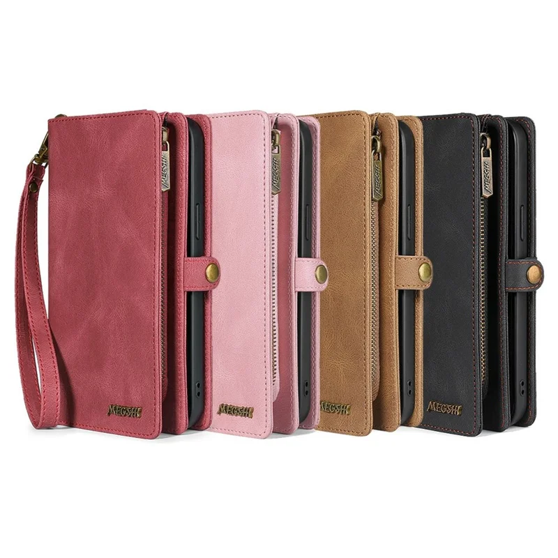 MEGSHI 017 Series Handy Strap Drop-proof Magnetic Absorption Multi-function Zippered Wallet Detachable Leather Cover for Samsung Galaxy S21 FE 5G/S21 Fan Edition - Brown