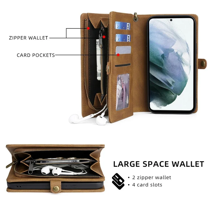 MEGSHI 017 Series Handy Strap Drop-proof Magnetic Absorption Multi-function Zippered Wallet Detachable Leather Cover for Samsung Galaxy S21 FE 5G/S21 Fan Edition - Brown