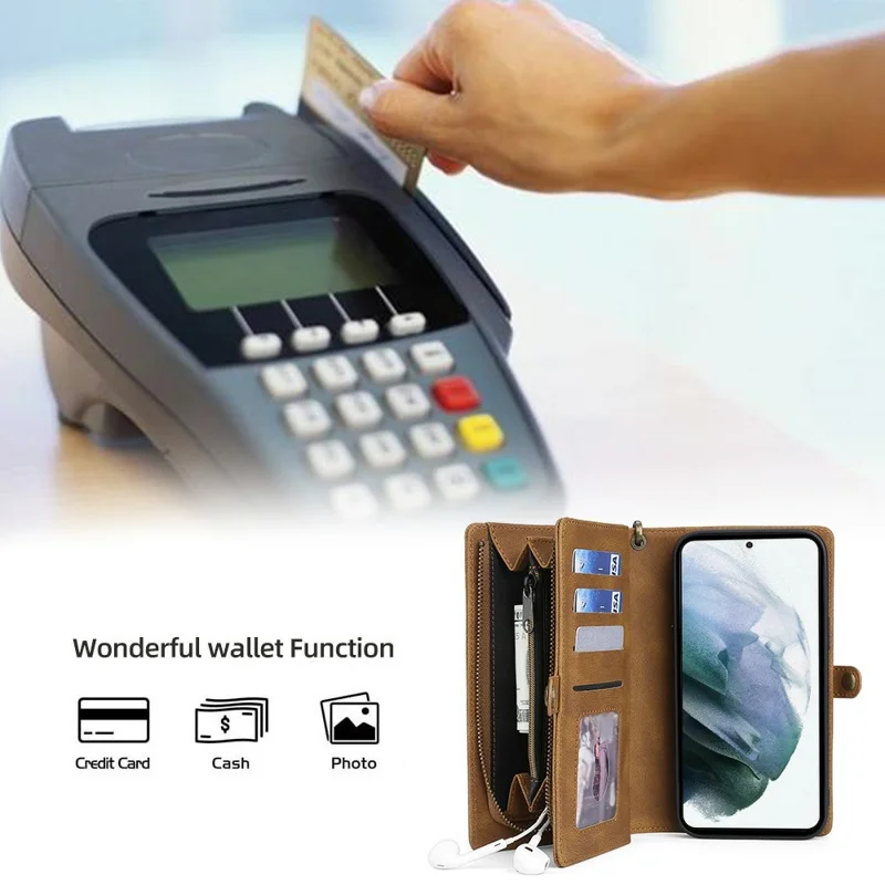 MEGSHI 017 Series Handy Strap Drop-proof Magnetic Absorption Multi-function Zippered Wallet Detachable Leather Cover for Samsung Galaxy S21 FE 5G/S21 Fan Edition - Brown