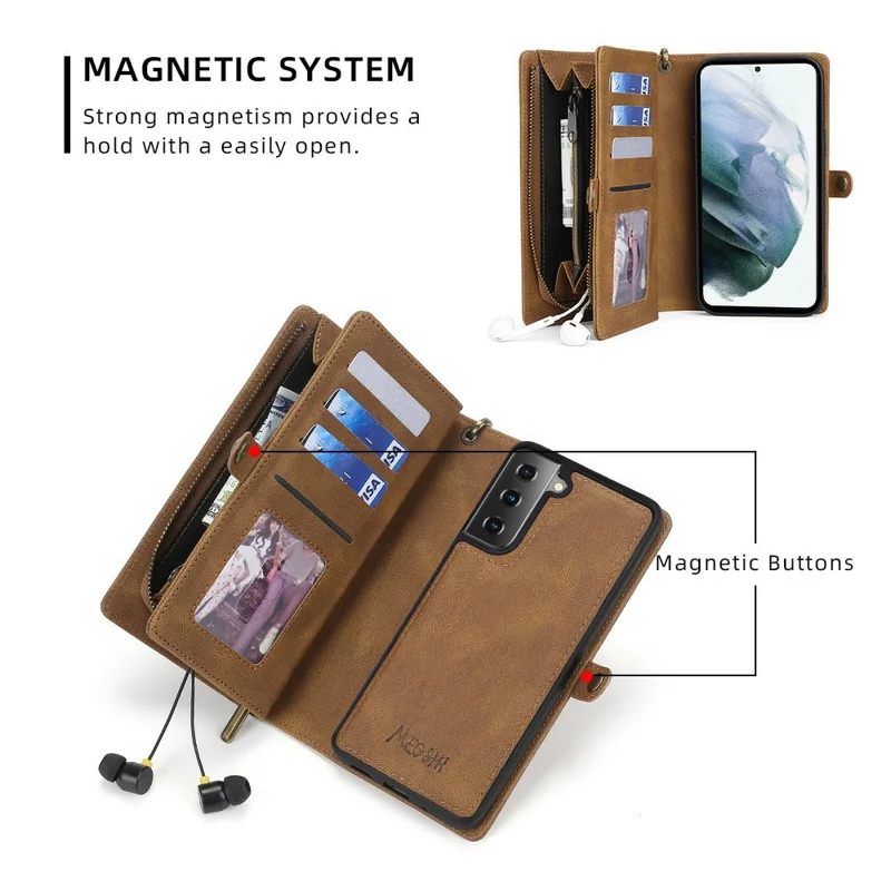 MEGSHI 017 Series Handy Strap Drop-proof Magnetic Absorption Multi-function Zippered Wallet Detachable Leather Cover for Samsung Galaxy S21 FE 5G/S21 Fan Edition - Brown