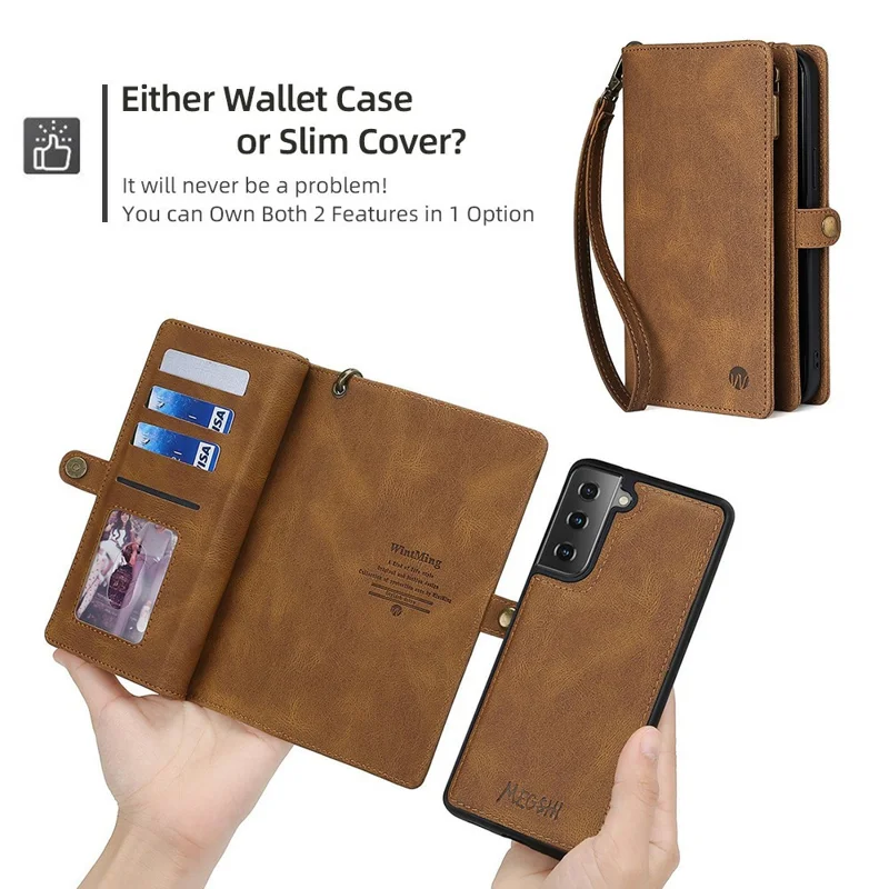 MEGSHI 017 Series Handy Strap Drop-proof Magnetic Absorption Multi-function Zippered Wallet Detachable Leather Cover for Samsung Galaxy S21 FE 5G/S21 Fan Edition - Brown