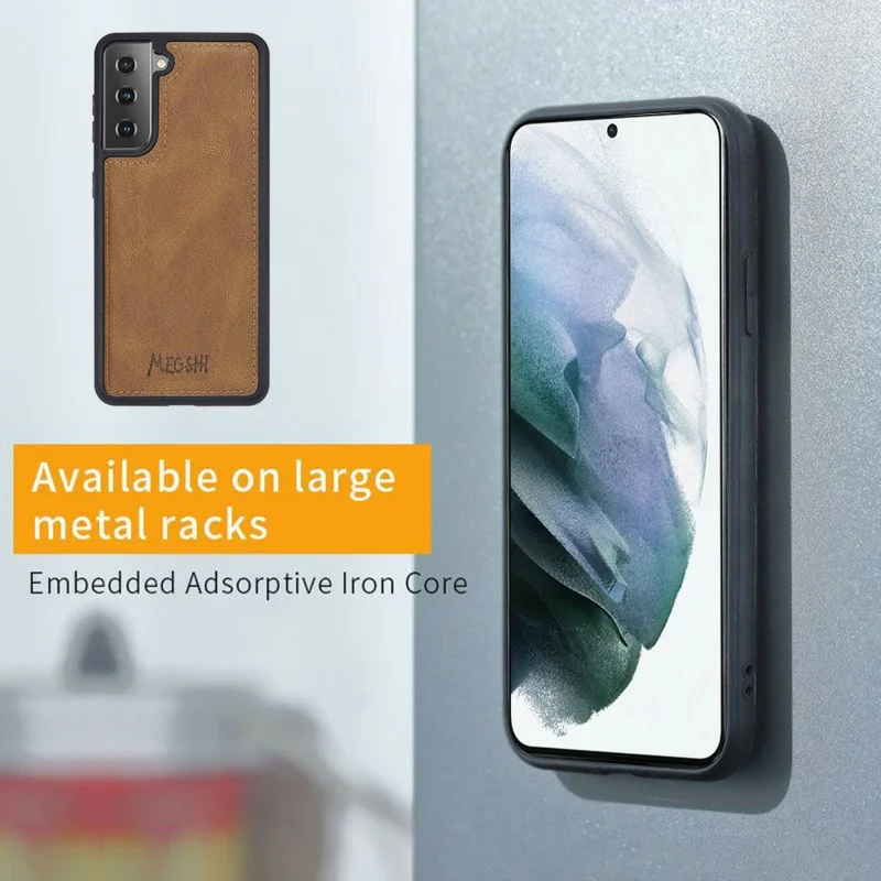MEGSHI 017 Series Handy Strap Drop-proof Magnetic Absorption Multi-function Zippered Wallet Detachable Leather Cover for Samsung Galaxy S21 FE 5G/S21 Fan Edition - Brown