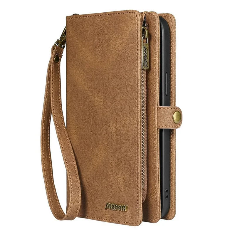 MEGSHI 017 Series Handy Strap Drop-proof Magnetic Absorption Multi-function Zippered Wallet Detachable Leather Cover for Samsung Galaxy S21 FE 5G/S21 Fan Edition - Brown