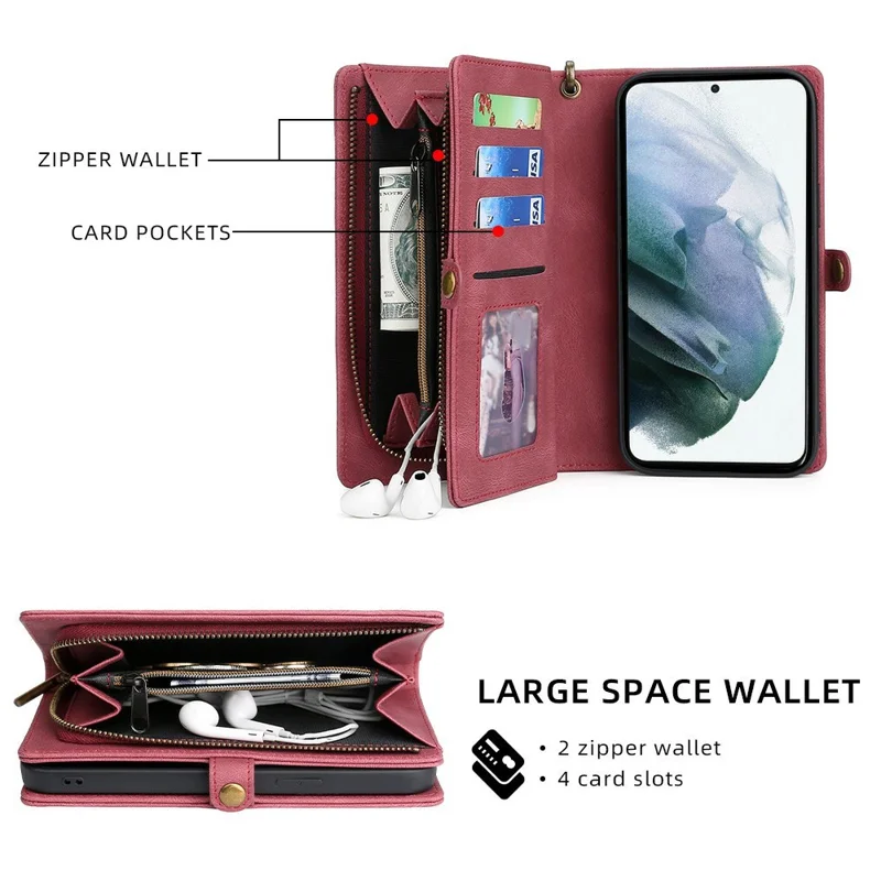 MEGSHI 017 Series Handy Strap Drop-proof Magnetic Absorption Multi-function Zippered Wallet Detachable Leather Cover for Samsung Galaxy S21 FE 5G/S21 Fan Edition - Red