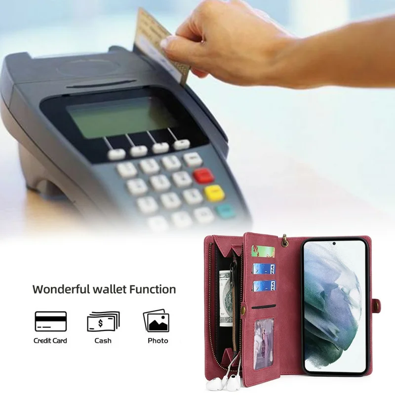 MEGSHI 017 Series Handy Strap Drop-proof Magnetic Absorption Multi-function Zippered Wallet Detachable Leather Cover for Samsung Galaxy S21 FE 5G/S21 Fan Edition - Red