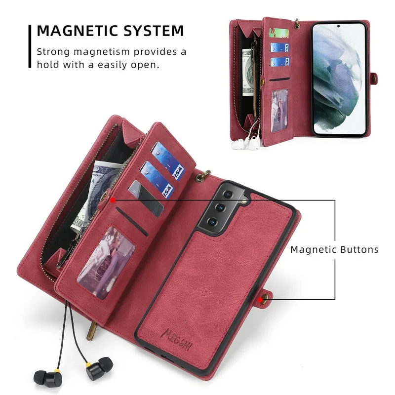 MEGSHI 017 Series Handy Strap Drop-proof Magnetic Absorption Multi-function Zippered Wallet Detachable Leather Cover for Samsung Galaxy S21 FE 5G/S21 Fan Edition - Red