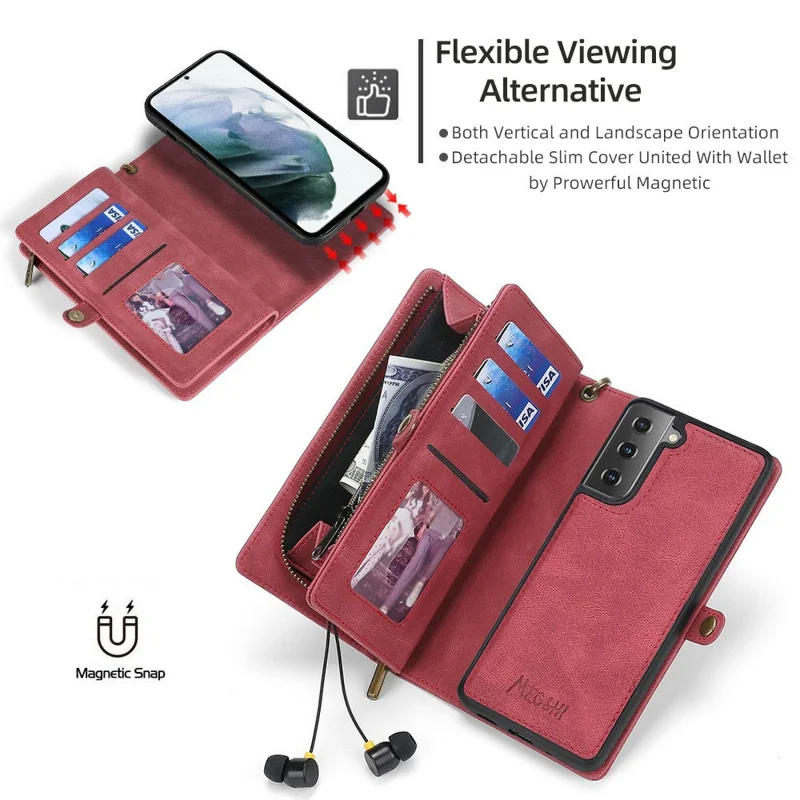 MEGSHI 017 Series Handy Strap Drop-proof Magnetic Absorption Multi-function Zippered Wallet Detachable Leather Cover for Samsung Galaxy S21 FE 5G/S21 Fan Edition - Red