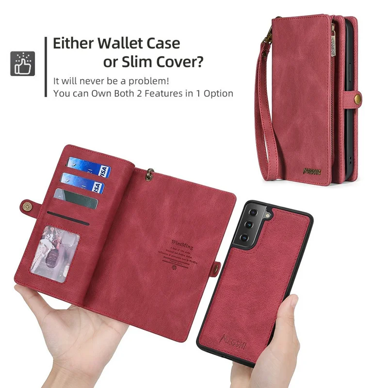 MEGSHI 017 Series Handy Strap Drop-proof Magnetic Absorption Multi-function Zippered Wallet Detachable Leather Cover for Samsung Galaxy S21 FE 5G/S21 Fan Edition - Red