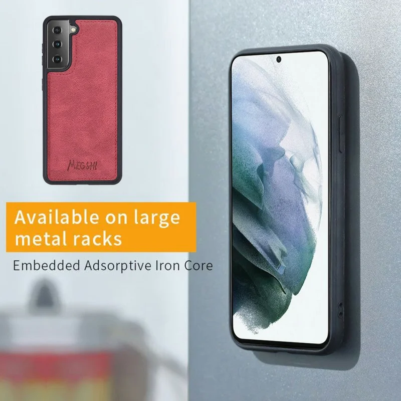 MEGSHI 017 Series Handy Strap Drop-proof Magnetic Absorption Multi-function Zippered Wallet Detachable Leather Cover for Samsung Galaxy S21 FE 5G/S21 Fan Edition - Red